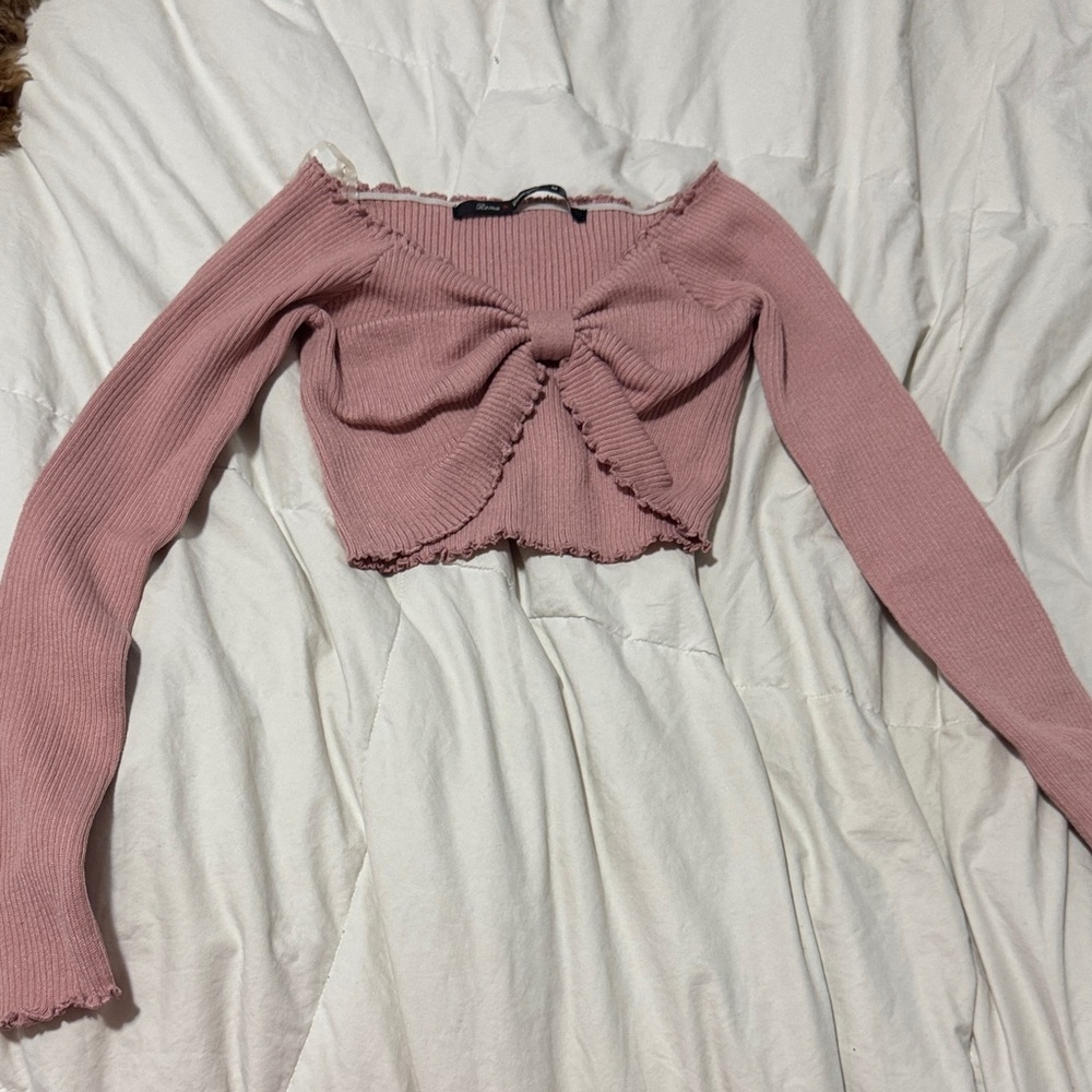Ribbed Bow-Front Long Sleeve Crop Top in Dusty Rose